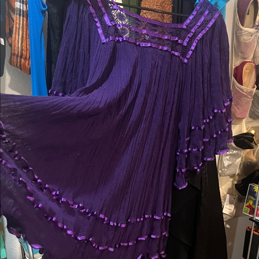 Mexican style peasant Purple Women's Blouse with Ribbon RARE gauze angel sleeve